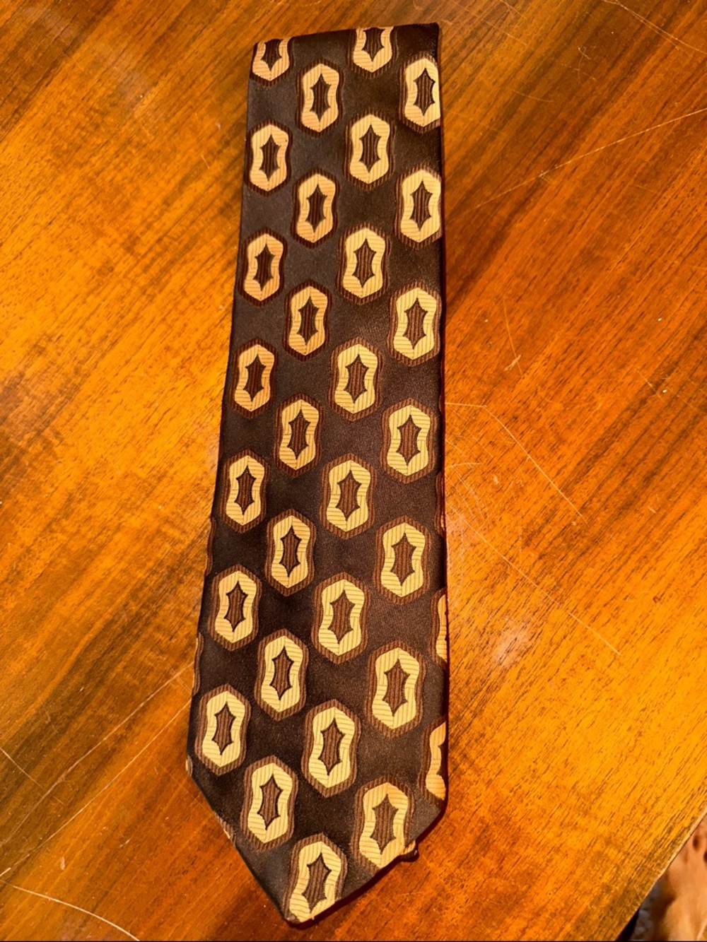 Vintage 70s Monsieur Bernard Brown‎ Geometric Polyester Tie